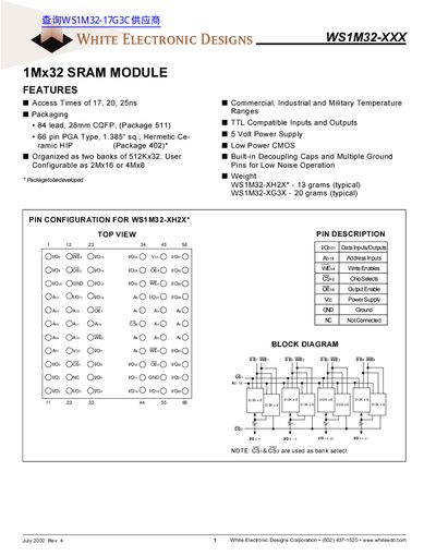White Electronic Designs WS1M32-XXX SRAM Module Datasheet - cover page