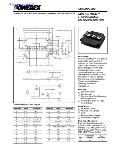 Powerex CM600DU-24F Dual IGBTMOD F-Series Module Datasheet - cover page