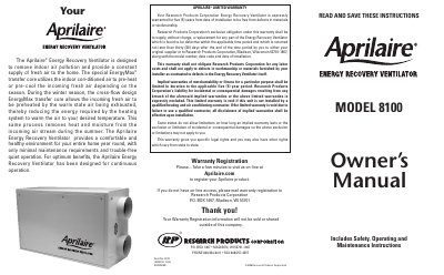 Aprilaire Model 8100 Energy Recovery Ventilator Owner's Manual - cover page