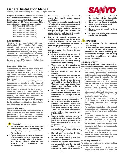 SANYO HIT Power Photovoltaic Modules Installation Guide - cover page