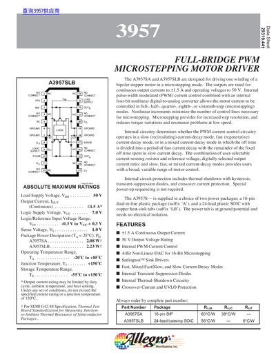 Allegro A3957SA/A3957SLB Full-Bridge PWM Microstepping Motor Driver Datasheet - cover page