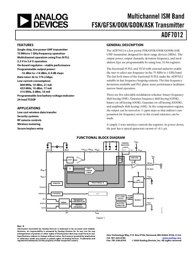 Analog Devices ADF7012 Multichannel ISM Band Transmitter Datasheet - cover page