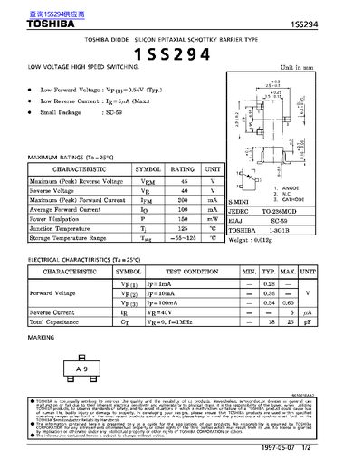 Toshiba 1SS294 Silicon Epitaxial Schottky Barrier Diode Datasheet - cover page