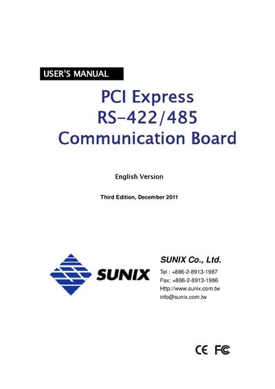 Sunix PCI Express RS-422/485 Communication Board User Manual - cover page