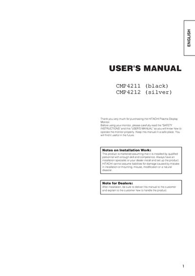 Hitachi CMP4211 / CMP4212 Plasma Monitor User Manual - cover page