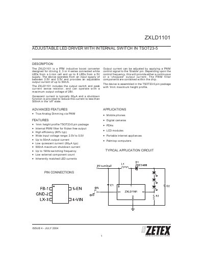 ZETEX ZXLD1101 ADJUSTABLE LED DRIVER WITH INTERNAL SWITCH IN TSOT23-5 handbook - cover page