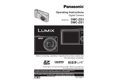 Panasonic DMC-ZS3/DMC-ZS1 Digital Camera Operating Instructions - cover page