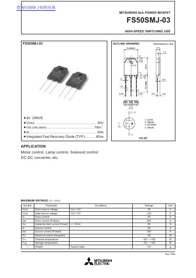  MITSUBISHI Nch POWER MOSFET FS50SMJ-03 handbook  - cover page