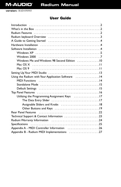 M-Audio Radium Keyboard User Guide - cover page