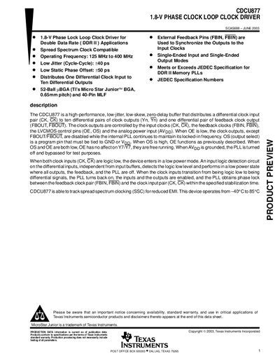 Texas Instruments CDCU877 1.8‑V Phase Clock Loop Clock Driver Datasheet