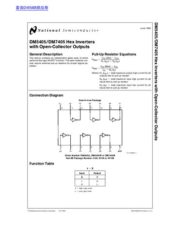 National Semiconductor DM5405/DM7405 Hex Inverters Datasheet - cover page