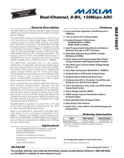 Maxim MAX19507 Dual‑Channel 8‑Bit 130Msps ADC Datasheet - cover page