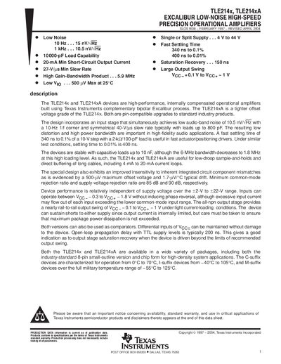 Texas Instruments TLE214x/TLE214xA Operational Amplifier Datasheet - cover page