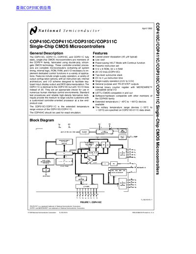 National Semiconductor COP410C/COP411C/COP310C/COP311C Single-Chip CMOS Microcontrollers Datasheet - cover page