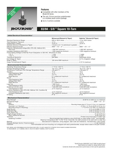 Bourns 83/84 5/8" Square 10-Turn Potentiometer Datasheet - cover page