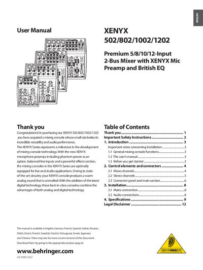 Behringer XENYX 502/802/1002/1202 User Manual
