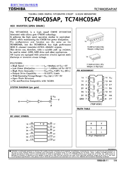 Toshiba TC74HC05AP/AF Hex Inverter Datasheet - cover page