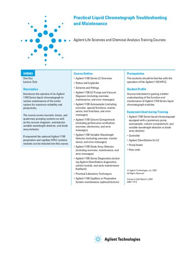 Agilent H4058A Practical LC Troubleshooting and Maintenance Training Course Outline - cover page