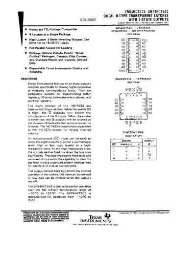 Texas Instruments SN54HCT533/SN74HCT533 Octal D-Type Transparent Latches with 3-State Outputs Data Sheet - cover page