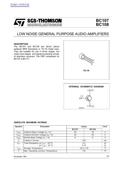 SGS-THOMSON BC107/BC108 Low Noise General Purpose Audio Amplifiers Datasheet - cover page