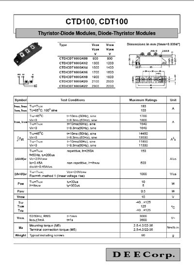 DEE Corp. CTD100/CDT100 Thyristor-Diode Modules Datasheet - cover page