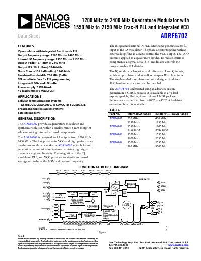 Analog Devices ADRF6702 Quadrature Modulator Data Sheet - cover page