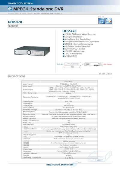 SHANY CCTV SYSTEM MPEG4 Standalone DVR DHV-470 Manual