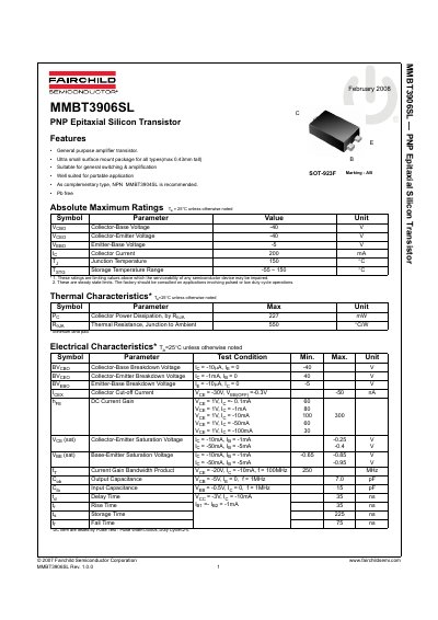 Fairchild Semiconductor MMBT3906SL PNP Transistor Datasheet - cover page