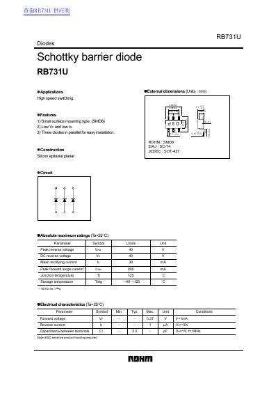 ROHM RB731U Schottky Barrier Diode Datasheet - cover page