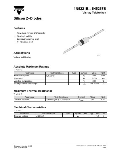 Vishay Telefunken 1N5221B...1N5267B Silicon Z-Diodes Datasheet - cover page