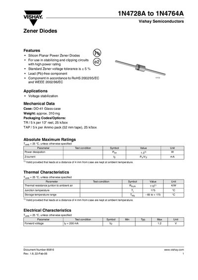 Vishay 1N4728A to 1N4764A Zener Diode Datasheet - cover page