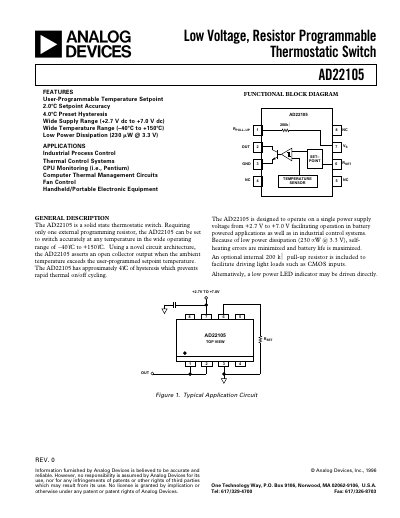Analog Devices AD22105 Low Voltage Programmable Thermostatic Switch Datasheet - cover page