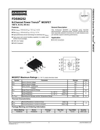 Fairchild Semiconductor FDS86252 N-Channel Power Trench MOSFET Datasheet - cover page