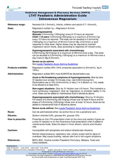 Leeds Teaching Hospitals NHS Trust Intravenous Magnesium Administration Guide - cover page