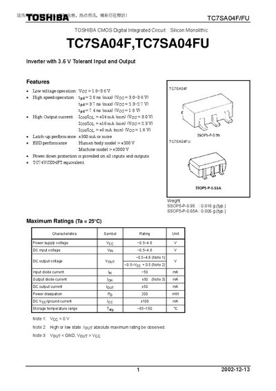 TOSHIBA CMOS Digital Integrated Circuit Silicon Monolithic TC7SA04F TC7SA04FU Manual - cover page