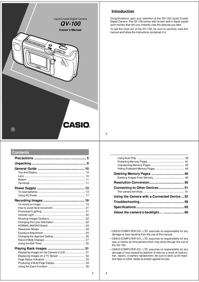 Casio QV-100 Digital Camera Owner's Manual - cover page