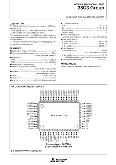 Mitsubishi Electric 38C3 Group 8‑Bit CMOS Microcomputer Data Sheet - cover page