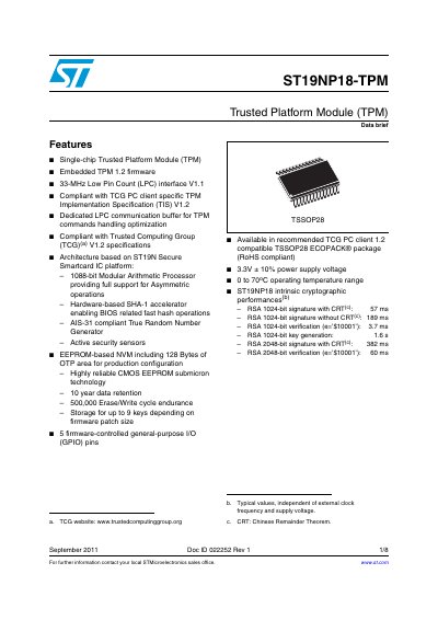STMicroelectronics ST19NP18-TPM Trusted Platform Module Datasheet