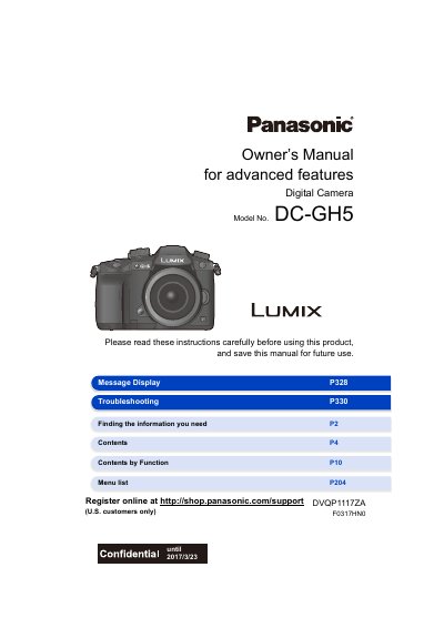 Panasonic DC-GH5 Digital Camera Owner's Manual - cover page