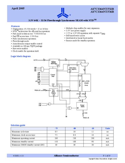 Alliance Semiconductor AS7C3364NTF32B AS7C3364NTF36B 3.3V 64K &times; 32/36 Flowthrough Synchronous SRAM with NTD  - cover page
