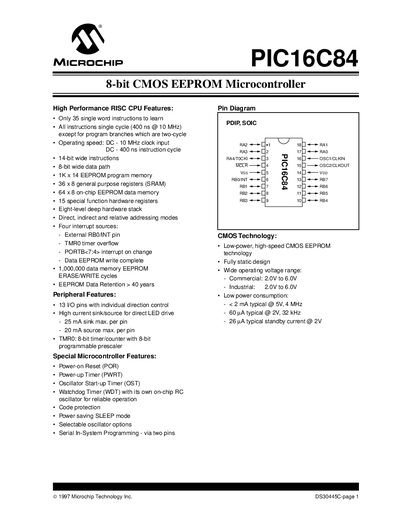 Microchip PIC16C84 Microcontroller Datasheet - cover page