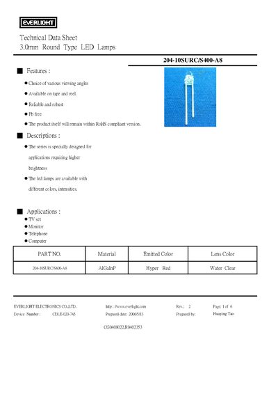 EVERLIGHT 204-10SURC/S400-A8 Technical Data Sheet - cover page