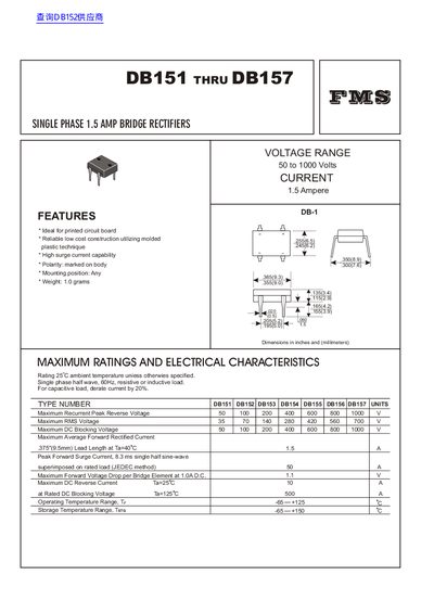 FMS DB151-DB157 Single Phase Bridge Rectifiers Datasheet - cover page