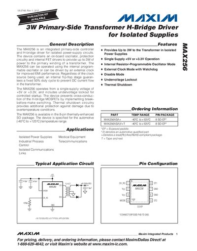 Maxim MAX256 3W Primary‑Side Transformer H‑Bridge Driver Datasheet - cover page