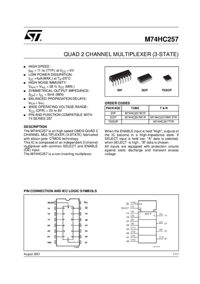 STMicroelectronics M74HC257 Quad 2‑Channel Multiplexer (3‑State) Datasheet - cover page