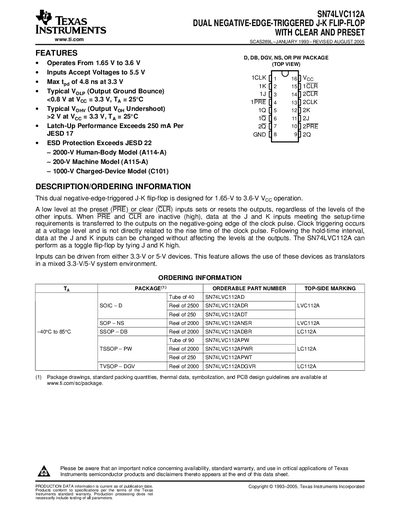 Texas Instruments SN74LVC112A Dual Negative‑Edge‑Triggered J‑K Flip‑Flop Datasheet - cover page
