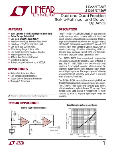 Linear Technology LT1366/LT1367/LT1368/LT1369 Op Amp Datasheet - cover page