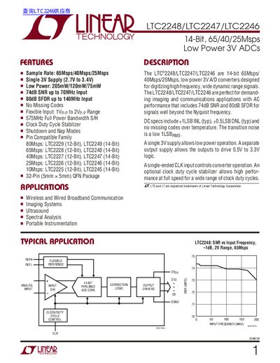 Linear Technology LTC2248/LTC2247/LTC2246 14‑Bit 65/40/25 Msps Low‑Power 3 V ADCs Datasheet - cover page