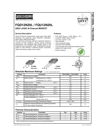 Fairchild Semiconductor FQD12N20L/FQU12N20L 200V Logic N-Channel MOSFET Datasheet - cover page