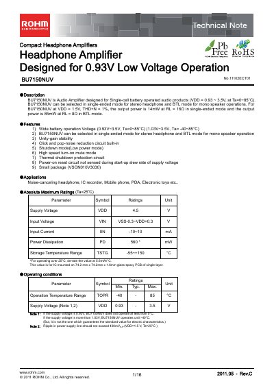 ROHM BU7150NUV Headphone Amplifier Technical Note - cover page